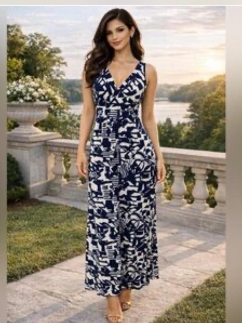 Chaps Navy & White Printed V-Neck Maxi Dress